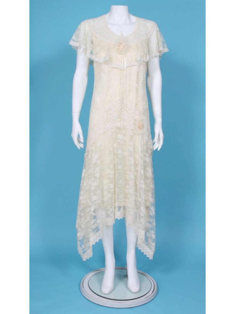 Vtg 1970s does 30s Lace Drop Waist Goddess Wedding Dress Flutter Sleeve 3/4 /610